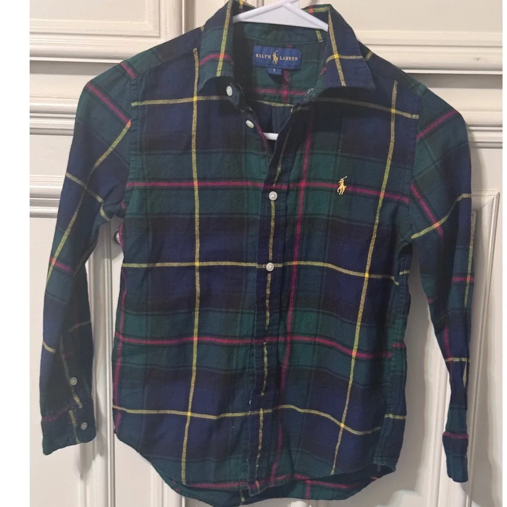 Ralph Lauren Boys 7 Green Navy Plaid Flannel Button Down Shirt Preppy Heritage